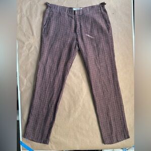 Parke & ronen plaid linen trousers with adjustable waist, lightly worn